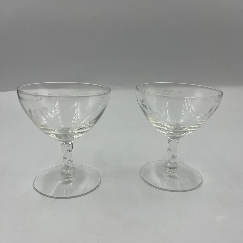 Vintage Etched Champagne Coupe Glasses Pair Twisted Stem Floral Leaf Clear Glass